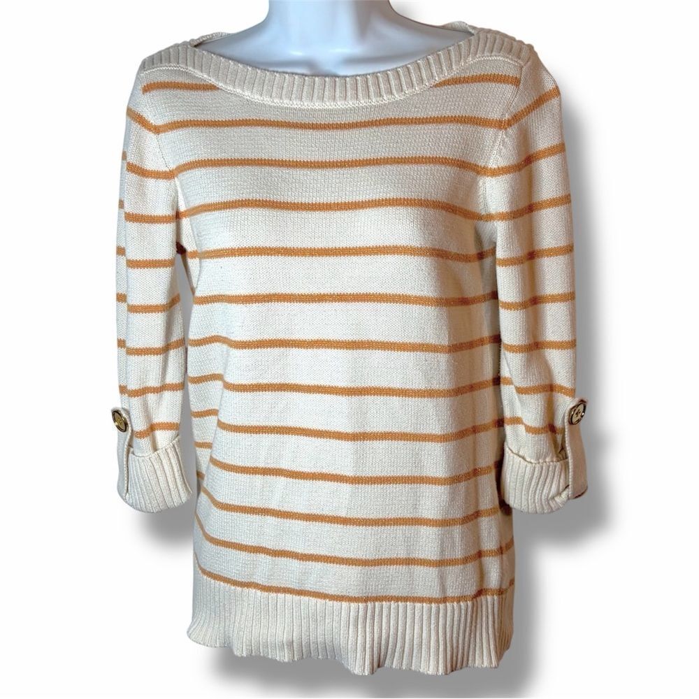 Jones New York Roll Tab Boatneck Metallic Gold Striped Cream Cotton Sweater S